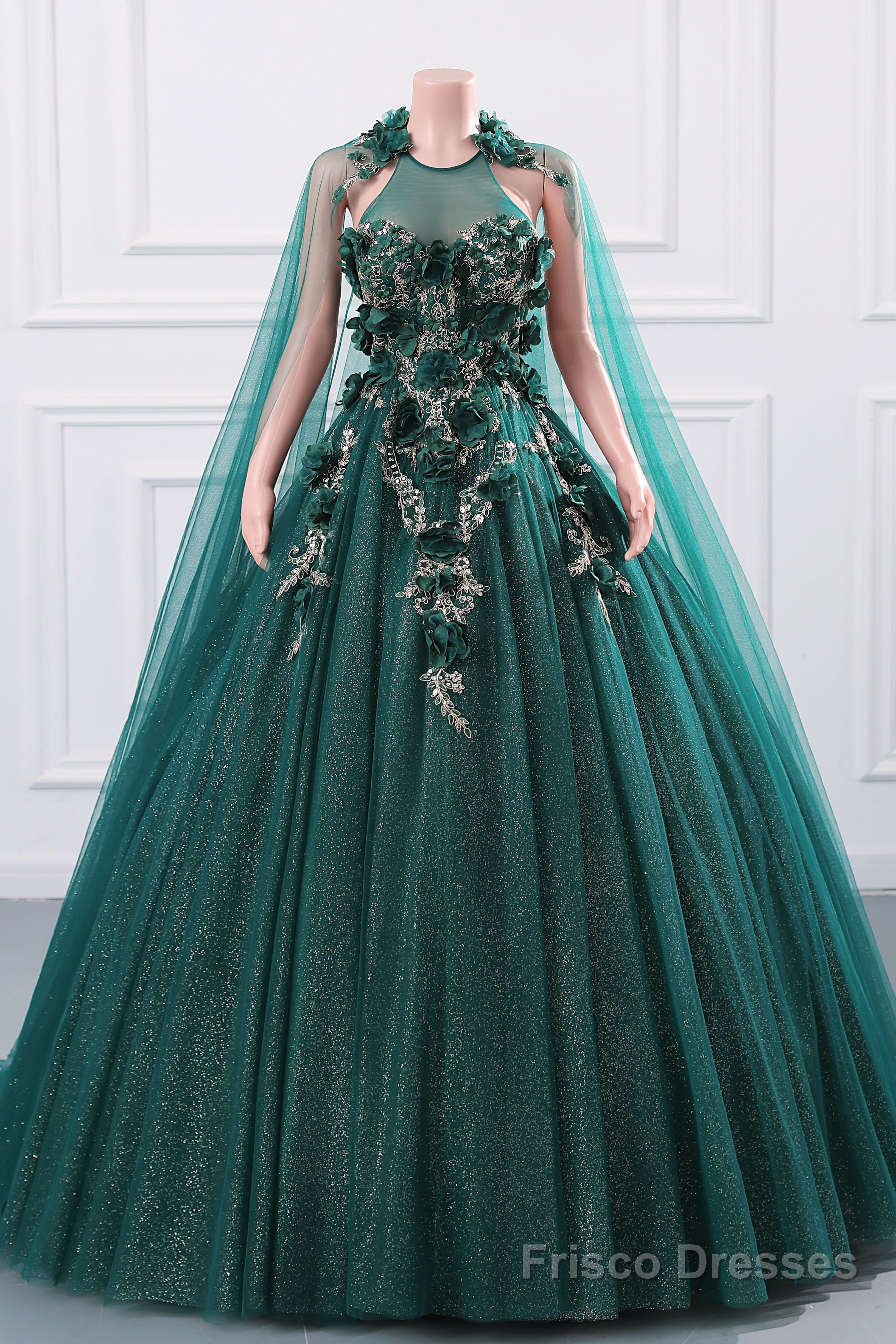 Womens Beaded Applique Tulle Emerald Green Prom Ball Gowns Quinceanera Dress A-Line Wedding Bridesmaid Eveniing Dresses Main image