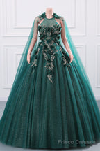 Womens Beaded Applique Tulle Emerald Green Prom Ball Gowns Quinceanera Dress A-Line Wedding Bridesmaid Eveniing Dresses
