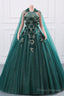 Womens Beaded Applique Tulle Emerald Green Prom Ball Gowns Quinceanera Dress A-Line Wedding Bridesmaid Eveniing Dresses