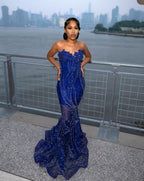 Women'S Mermaid Prom Dress, Sweetheart Sequin Royal Blue Birthday Party Dress