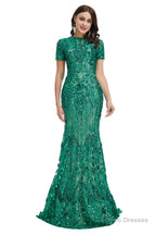 Short Sleeves Sequins A-Line Formal Evening Dress