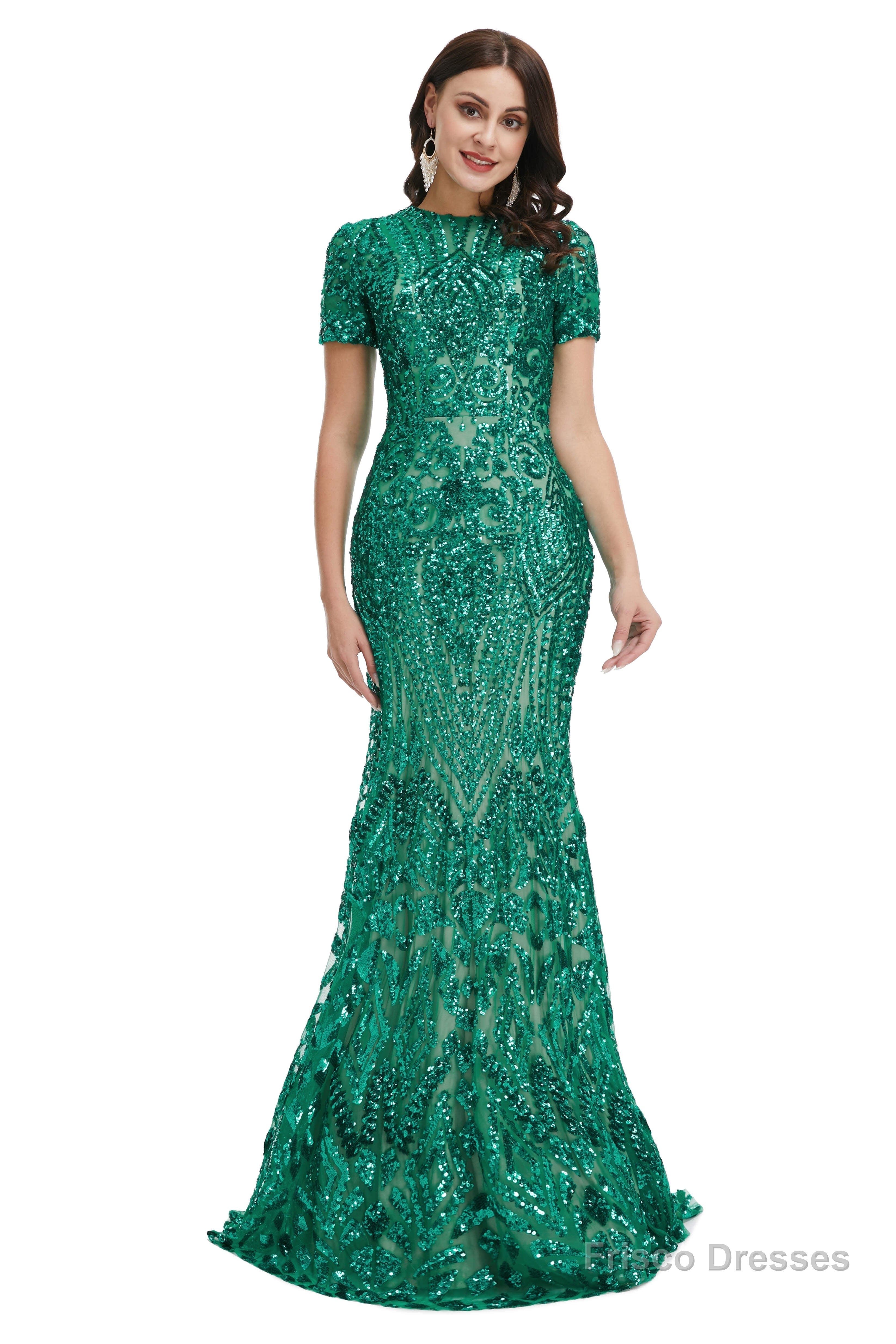 Short Sleeves Sequins A-Line Formal Evening Dress
