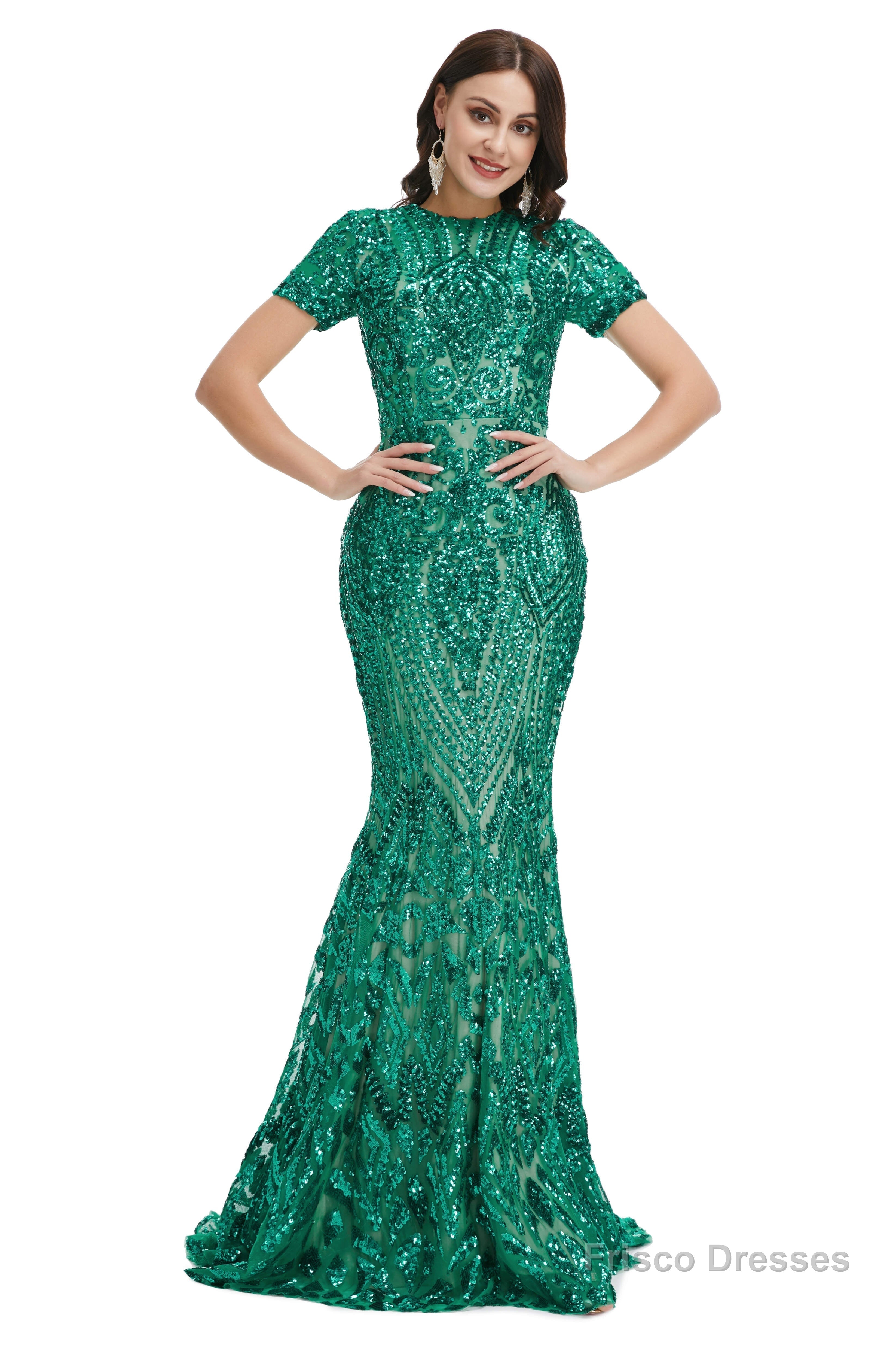 Short Sleeves Sequins A-Line Formal Evening Dress