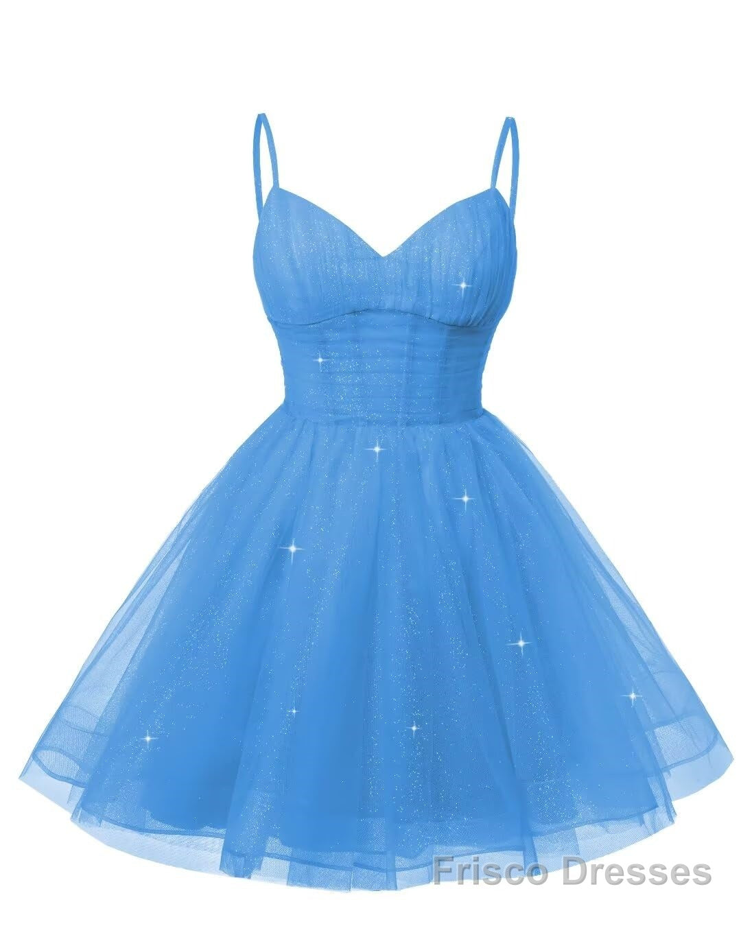 Womens V Neck Tulle Spaghetti Straps Blue Homecoming Dresses with Corset Back Short Prom Gowns for Teens Main image