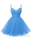 Womens V Neck Tulle Spaghetti Straps Blue Homecoming Dresses with Corset Back Short Prom Gowns for Teens