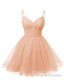 Womens V Neck Tulle Spaghetti Straps Blush Pink Homecoming Dresses with Corset Back Short Prom Gowns for Teens