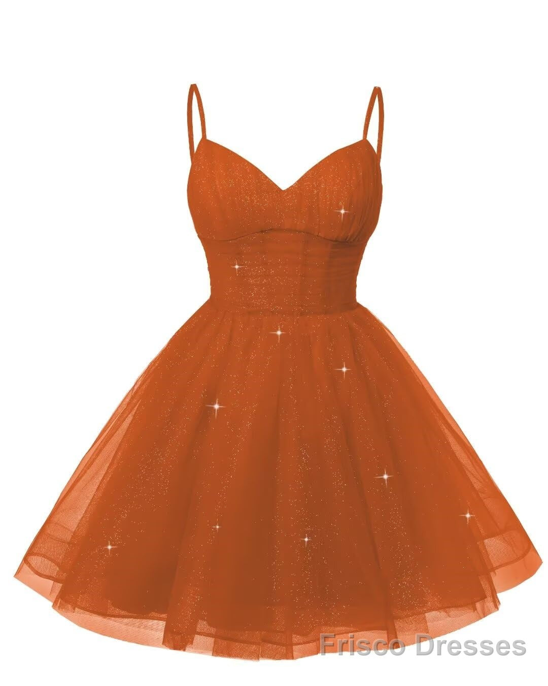 Womens V Neck Tulle Spaghetti Straps Burnt Orange Homecoming Dresses with Corset Back Short Prom Gowns for Teens Main image