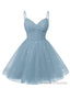 Womens V Neck Tulle Spaghetti Straps Dusty Blue Homecoming Dresses with Corset Back Short Prom Gowns for Teens