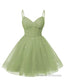 Womens V Neck Tulle Spaghetti Straps Dusty Sage Homecoming Dresses with Corset Back Short Prom Gowns for Teens