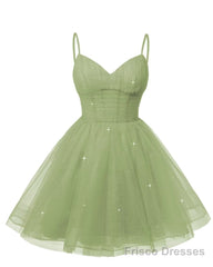 Womens V Neck Tulle Spaghetti Straps Dusty Sage Homecoming Dresses with Corset Back Short Prom Gowns for Teens