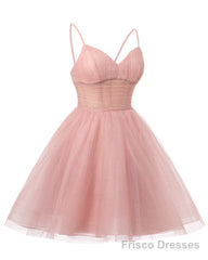 Womens V Neck Tulle Spaghetti Straps Dusty Sage Homecoming Dresses with Corset Back Short Prom Gowns for Teens