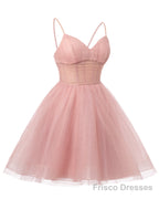 Womens V Neck Tulle Spaghetti Straps Sky Blue Homecoming Dresses with Corset Back Short Prom Gowns for Teens