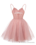 Womens V Neck Tulle Spaghetti Straps Teal Homecoming Dresses with Corset Back Short Prom Gowns for Teens