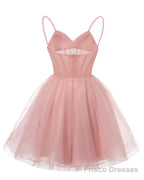 Womens V Neck Tulle Spaghetti Straps Black Homecoming Dresses with Corset Back Short Prom Gowns for Teens