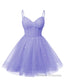 Womens V Neck Tulle Spaghetti Straps Lavender Homecoming Dresses with Corset Back Short Prom Gowns for Teens