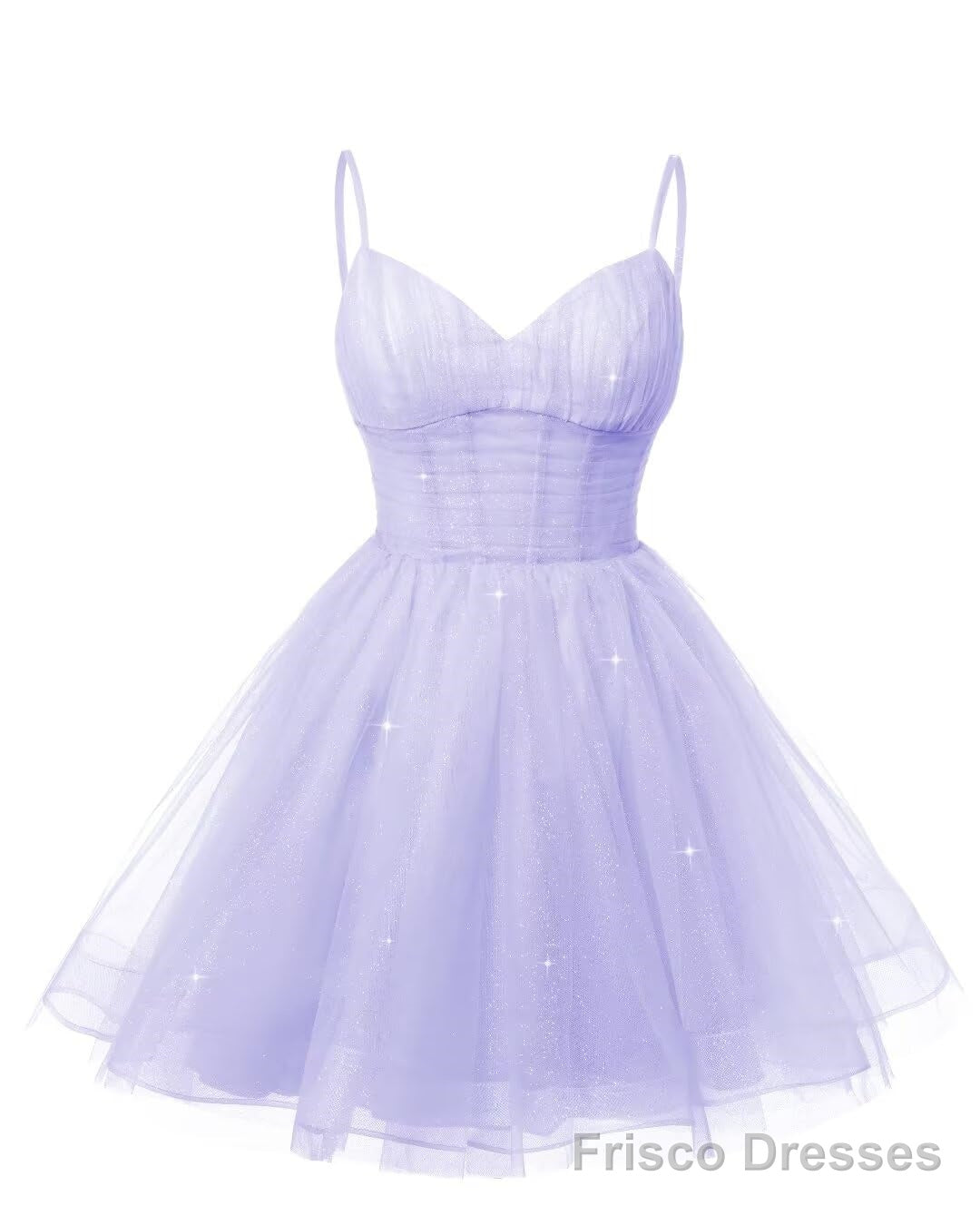 Womens V Neck Tulle Spaghetti Straps Lilac Homecoming Dresses with Corset Back Short Prom Gowns for Teens