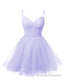 Womens V Neck Tulle Spaghetti Straps Lilac Homecoming Dresses with Corset Back Short Prom Gowns for Teens