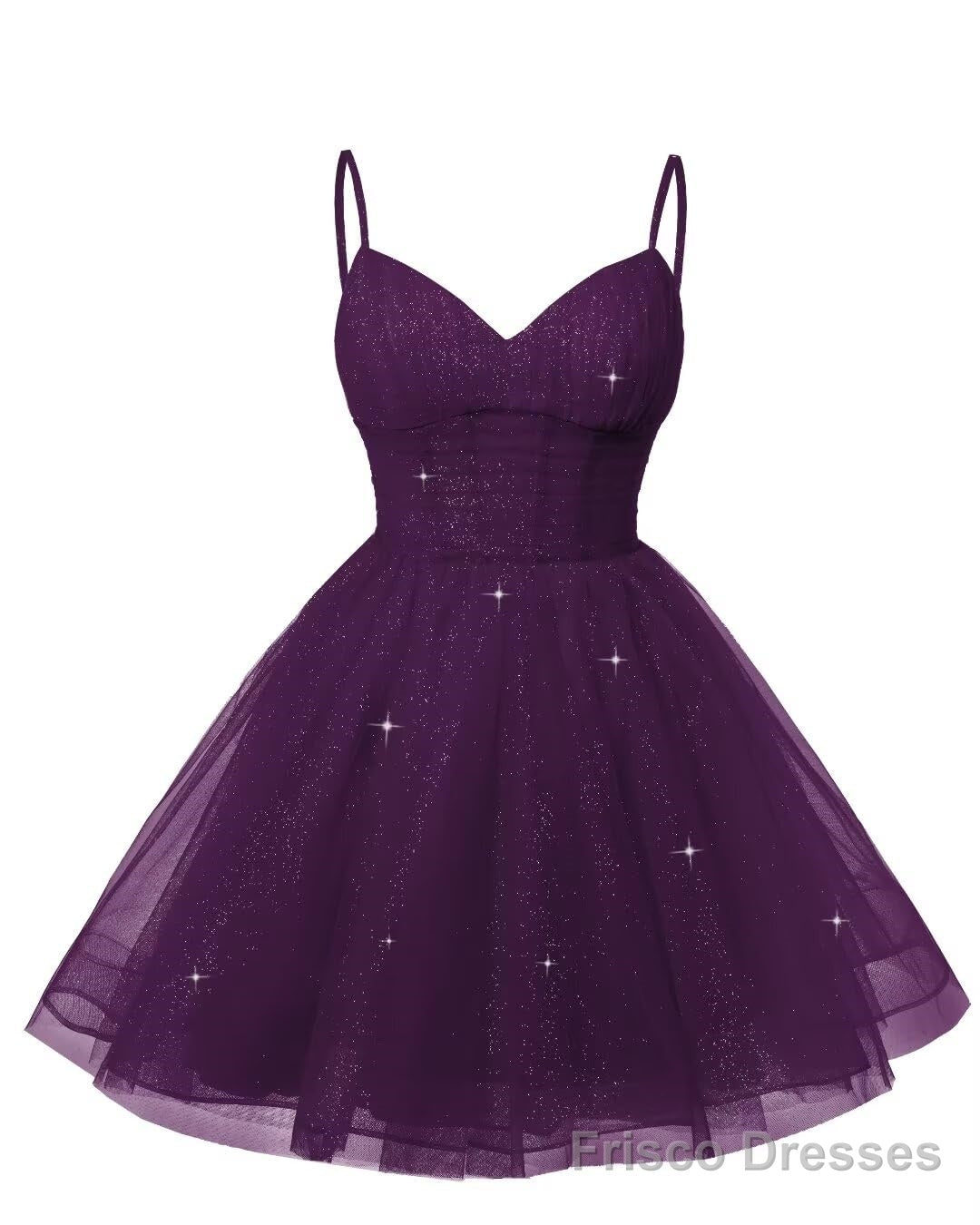 Womens V Neck Tulle Spaghetti Straps Plum Homecoming Dresses with Corset Back Short Prom Gowns for Teens Secondary image