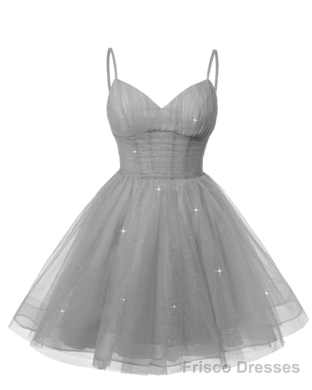 Womens V Neck Tulle Spaghetti Straps Silver Gray Homecoming Dresses with Corset Back Short Prom Gowns for Teens Main image