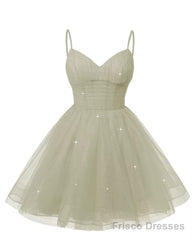 Womens V Neck Tulle Spaghetti Straps Silver Homecoming Dresses with Corset Back Short Prom Gowns for Teens