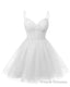 Womens V Neck Tulle Spaghetti Straps White Homecoming Dresses with Corset Back Short Prom Gowns for Teens