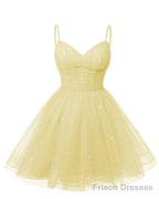 Womens V Neck Tulle Spaghetti Straps Yellow Homecoming Dresses with Corset Back Short Prom Gowns for Teens