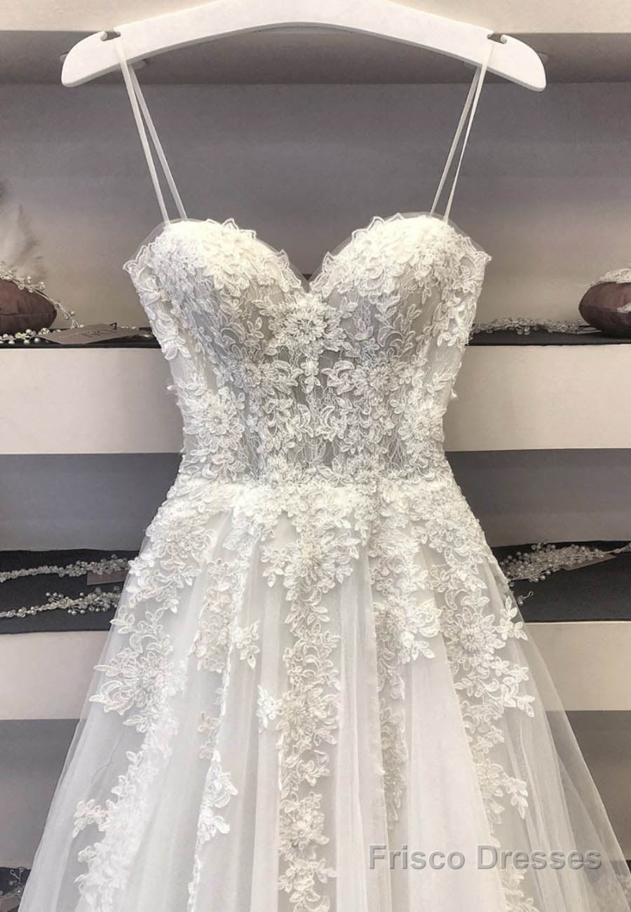 White Spaghetti Lace Long Prom Dresses, A-Line Evening Dresses