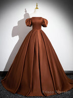 Brown Satin Floor Length Prom Dress , Off the Shoulder A-Line Evening Dress