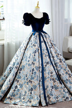 Blue Short Sleeve A-Line Floor Length Prom Dress, Blue Evening Dress