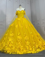 Yellow 3D Flowers Ball Gown Dress With Cape