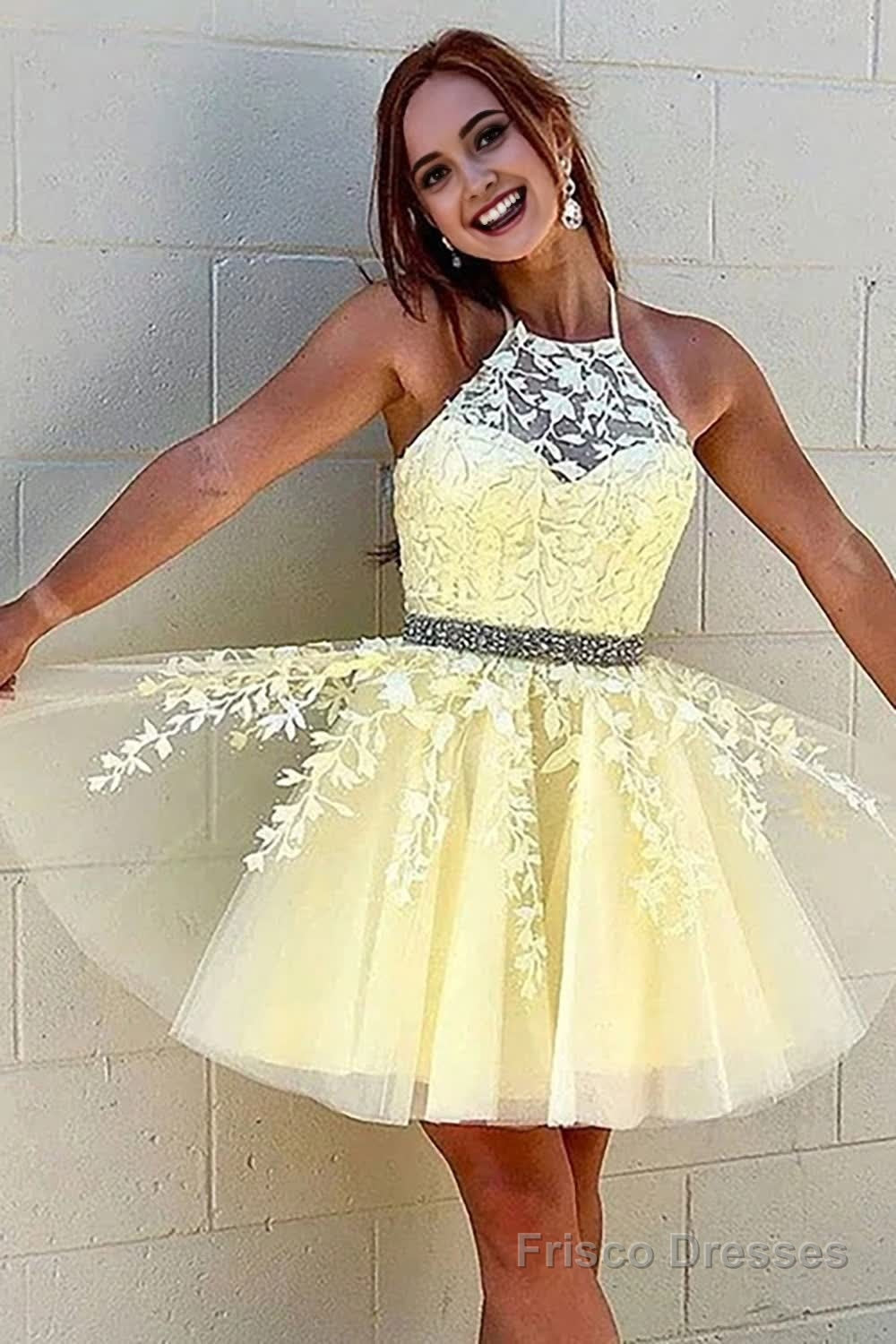 Yellow A Line Halter Backless Homecoming Dress Main image