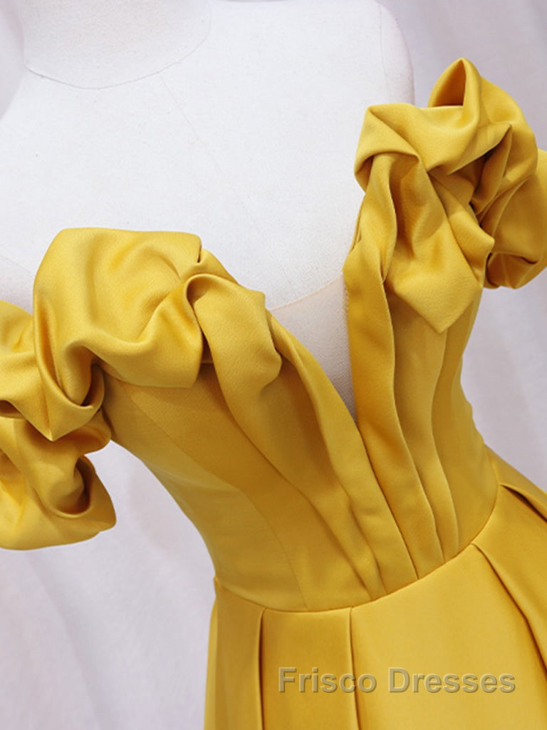 Yellow A-line Satin Long Formal Prom Dresses, Yellow Formal Dresses Secondary image