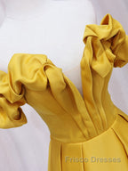 Yellow A-line Satin Long Formal Prom Dresses, Yellow Formal Dresses