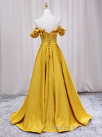 Yellow A-line Satin Long Formal Prom Dresses, Yellow Formal Dresses