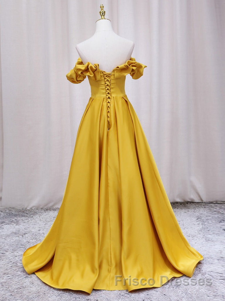 Yellow A-line Satin Long Formal Prom Dresses, Yellow Formal Dresses