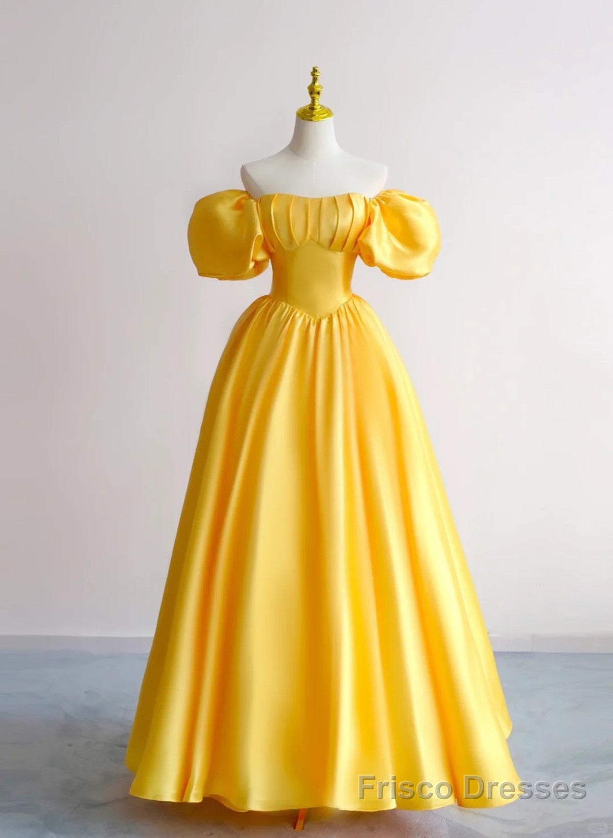 Yellow A-Line Satin Off Shoulder Prom Dress, Yellow Evening Dress Main image