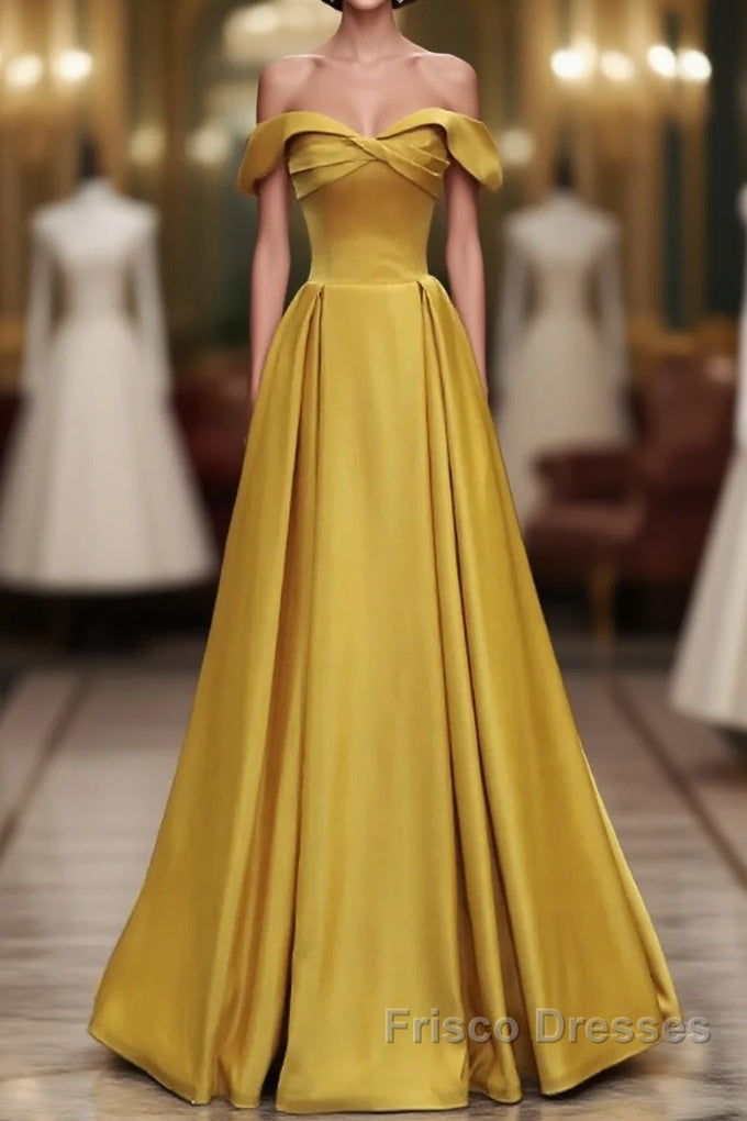 Yellow A-Line Simple Satin Off Shoulder Formal Prom Dress, Yellow Satin Formal Dress Main image