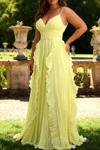 Yellow A Line Spaghetti Straps Chiffon Pleated Bridesmaid Dress with Ruffles