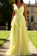 Yellow A Line Spaghetti Straps Chiffon Pleated Bridesmaid Dress with Ruffles