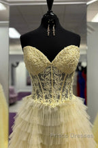 Yellow A-Line Strapless Multi-Layers Sweetheart Tulle Beaded Long Formal Prom Dress With Slit