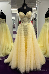 Yellow A-Line Strapless Multi-Layers Sweetheart Tulle Beaded Long Prom Dress With Slit