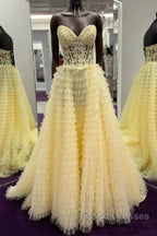 Yellow A-Line Strapless Multi-Layers Sweetheart Tulle Beaded Long Formal Prom Dress With Slit