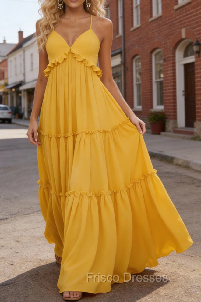 Yellow A-line V Neck Sleeveless Floor-Length Chiffon Prom Dress Long Prom Dresses Backless with Pleated Ruffles Secondary image