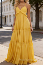 Yellow A-line V Neck Sleeveless Floor-Length Chiffon Prom Dress Long Prom Dresses Backless with Pleated Ruffles