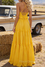Yellow A-line V Neck Sleeveless Floor-Length Chiffon Prom Dress Long Prom Dresses Backless with Pleated Ruffles