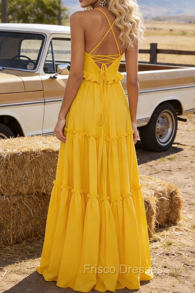 Yellow A-line V Neck Sleeveless Floor-Length Chiffon Prom Dress Long Prom Dresses Backless with Pleated Ruffles