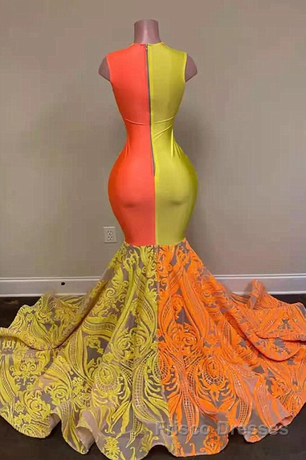 Yellow and Orange Mermaid Formal Prom Dresses Lace Long On Sale Secondary image