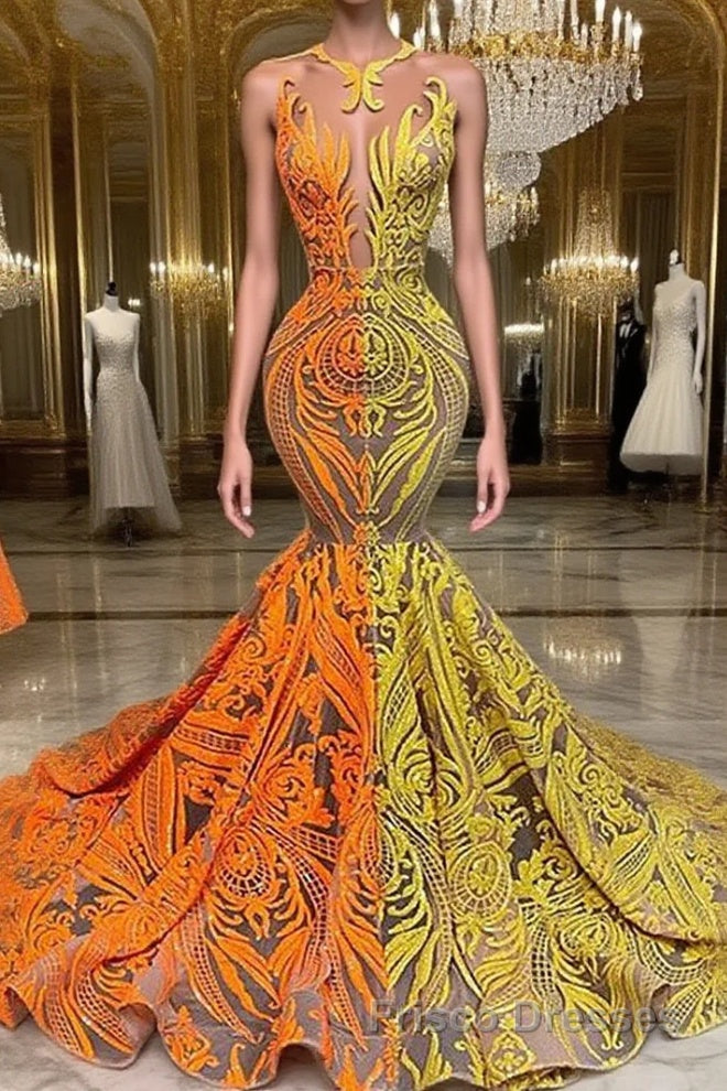 Yellow and Orange Mermaid Formal Prom Dresses Lace Long On Sale Main image