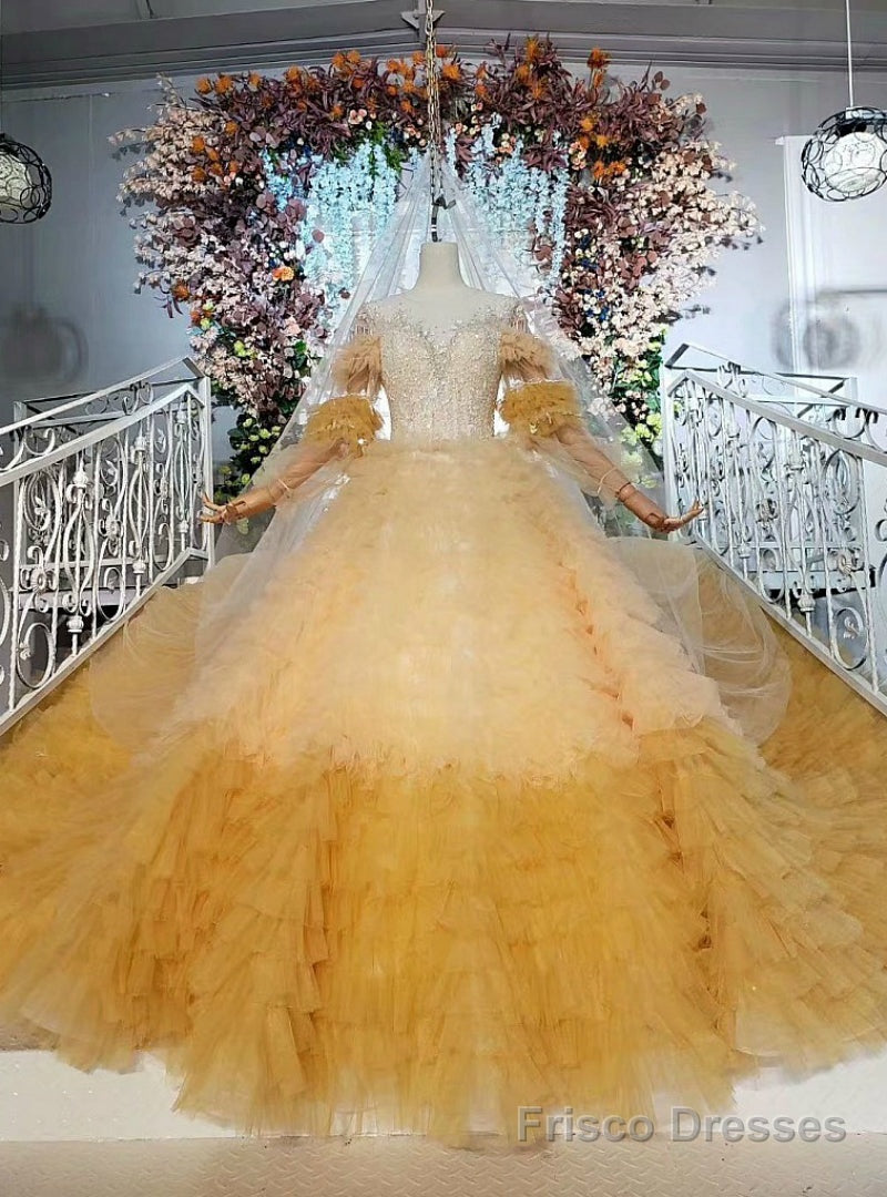 Yellow Ball Gown Tulle Long Sleeve Open Back Wedding Dress With Beading Main image