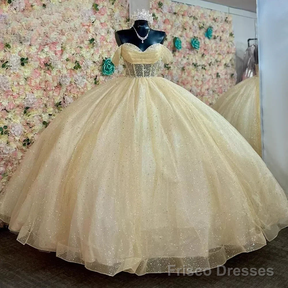 Yellow Ball Gown Tulle Off-the-Shoulder Quincenara Dresses Main image
